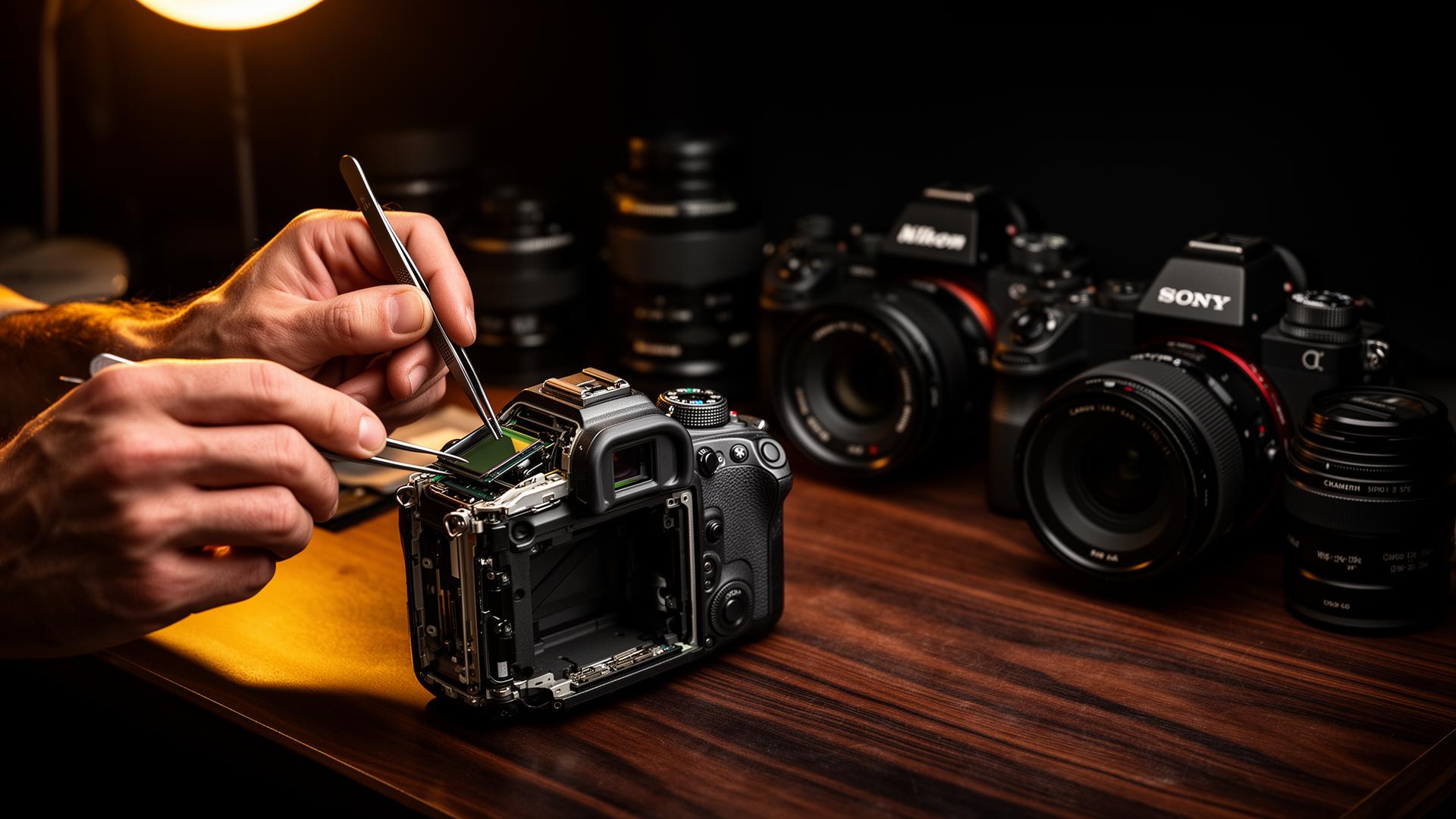 Profesionálny technik opravuje fotoaparát Canon — Fotoservis Makowiecki